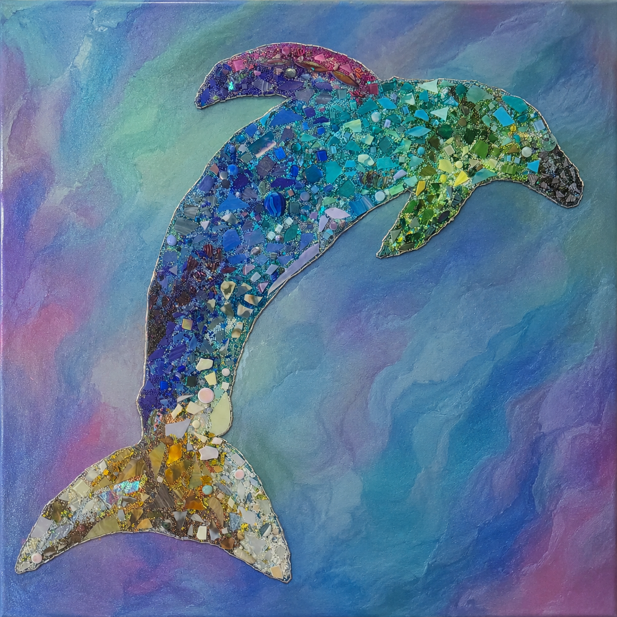 Full-size colorful dolphin mosaic artwork