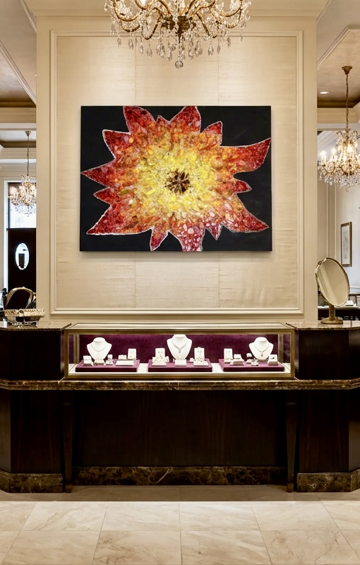 Custom sun mosaic virtually staged in an elegant jewelry store lobby